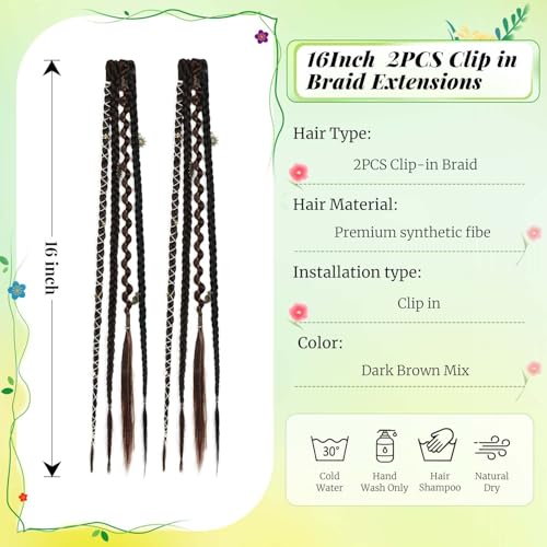 2PCS Boho Dreadlock Clip In Braids with Charms and Beads, Handmade Dreadlock Braids Hair Extensions Synthetic Braided Hairpieces for Women (Dark Brown Mix 16 Inch) - color: Dark Brown Mix, size: 16 Inch