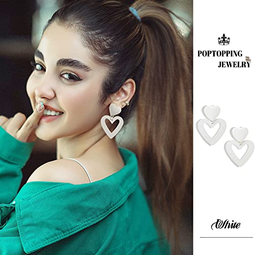 Double Heart Earrings Dangling Heart Drop Earrings For Women Love Heart Dangle Earrings Birthday Gift - color: White