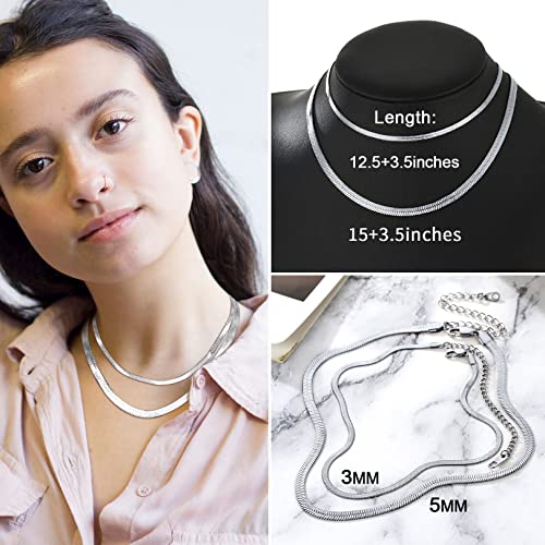 FOCALOOK 14K Gold Plated Necklaces for Women, Fashion Herringbone Choker Necklace Stainless Steel Flat Snake Chain 3/5MM(W) 12.5"/15"/18"+3.5"(L) - color: 5MM-15"&3MM-12.5" Layered-Silver