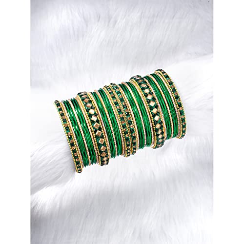 Aheli Ethnic Colorful Metal Bangles Chudha Set Stone Studded Bangle Set Indian Wedding Wear Fashion Jewelry Gift for Women Blue - color: Green