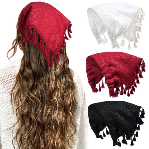 HAIMEIKANG Floral Hair Scarf Headbands for Women Boho Bandanas for Women Triangle Kerchief Solid Color Hair Bands Vintage Head Scarf (Tassel) - color: Tassel