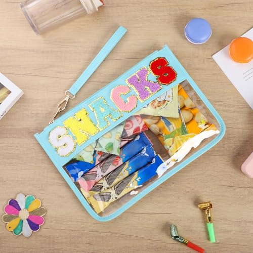 Clear Snack Bag for Travel, Chenille Letter Clear Zipper Snacks Pouch Nylon Cosmetic Bag Makeup Travel Bag for Women - color: Blue