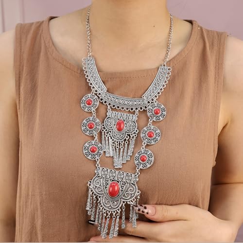 Bethynas Bohemian Ethnic Tribal Chunky Necklace Multilayer Long Tassel Turquoise Statement Neck Chain Retro Coin Gemstone Exaggerated Costume Accessories for Women - color: C-Red