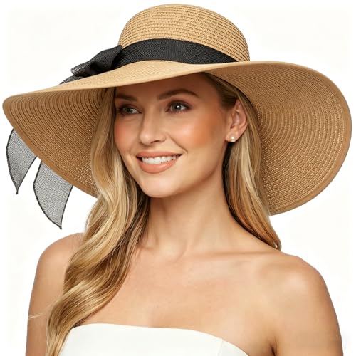 DRESHOW Beach Hats for Women Big Straw Wide Brim Summer Hat Floppy Foldable Roll up Cap Sun Hat UPF 50+ - color: Khaki (Black Band) /Normal Edge