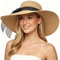 DRESHOW Beach Hats for Women Big Straw Wide Brim Summer Hat Floppy Foldable Roll up Cap Sun Hat UPF 50+ - color: Khaki (Black Band) /Normal Edge