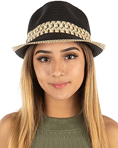 Funky Junque Straw Fedora Hats for Women - UPF 50+ Sun Hat, Short Brim Packable Beach Hat with Woven Pattern - color: 2 Pack - Black/Natural & Brown