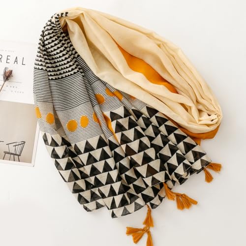 WaJuemy Travel Boho Scarf for Women Casual Lightweight Pashmina Scarves Fashion Multicolor Shawl Wraps with Fringed Beads - color: 01c Yellow Plaid
