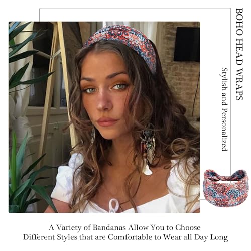 Boho Headbands for Women Vintage Floral Pattern Knotted Hair Bands Elastic Non-Slip Soft Sweat Head Bands African Sports Yoga Turban Headband Hair Accessories (Pack of 4) - color: Color-5