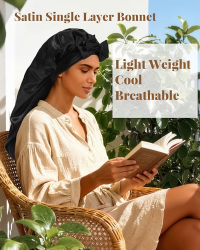 AWAYTR Long Satin Bonnet for Braids - Elastic Silk Hair Bonnets for Sleeping Night Cap Stretchy Tie Band for Women（Black） - color: Black