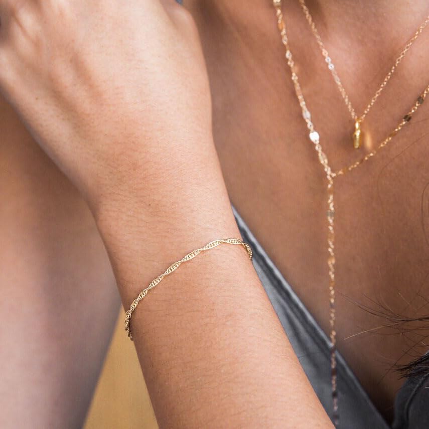 Dainty Bracelets for Women, 14k Gold Plated/Silver Layered Charms Bracelet Herringbone Satellite Beads Box Rope CZ Bracelet Adjustable Cuba Link Chain Bracelet Set Jewelry Gifts - color: 2Layered-Twisted rope-GD