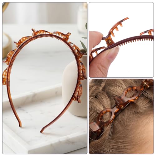 2 Pcs Headband with Clips, 90s Butterfly Hair Clips Headband with Teeth for Women, Braided Weave Bangs Non-Slip Clip Headbands Hair Accessories for Styling Decoration- Light Brown, Dark Brown - color: 2 Pcs Dark Brown