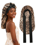 AWAYTR Long Satin Bonnet for Braids - Elastic Silk Hair Bonnets for Sleeping Night Cap Stretchy Tie Band for Women（Leopard） - color: Leopard