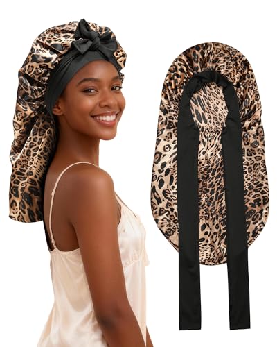 AWAYTR Long Satin Bonnet for Braids - Elastic Silk Hair Bonnets for Sleeping Night Cap Stretchy Tie Band for Women（Leopard） - color: Leopard
