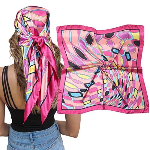 AWAYTR Satin Silk Scarf - Large Hair Bandana, Sleeping Wrap for Women - color: Elliptical Grid(pink)