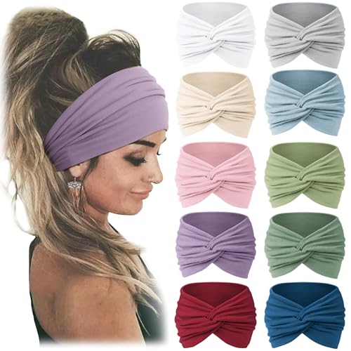 Jesries 10 PCS Women Headbands African Wide Hair Wrap Extra Turban Head Bands for Lady Large Sport Workout Stretch Non-slip Big Hair Bands - color: purple