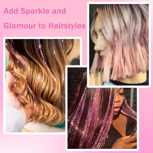 NIACONN Glitter Hair Tinsel Extensions Kit Pink with Tools and Beads, 48 Inch Sparkly Fairy Colorful Tensile Strands Shiny Hair Accessories for Women Girls Kids - color: Pink