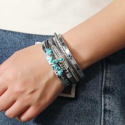 Turquoise Bracelet for Women, Boho Multilayer Leather Bracelet with Feather and Magnetic Clasp, Western Turquoise Jewelry - color: Silver