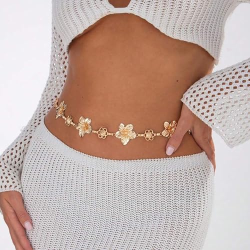 TEBIEKOY Flower Charm Waist Chain for Women, Gold Belly Chain Body Jewelry for Beach, Summer Dresses & Vacation Outfits