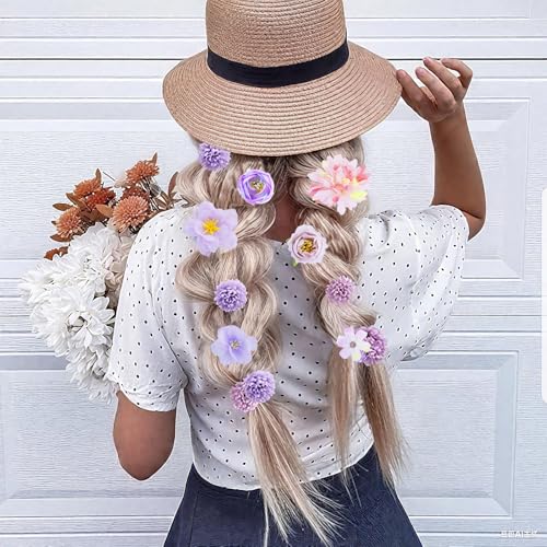 21 Pieces Silk Flower Hair Clip Women Aesthetic Boho Floral Hair Barrettes Handmade Rose Bride Barre Hair Accessories Wedding(Purple) - color: Purple