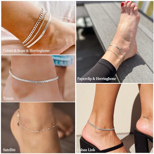 DEARMAY 14K Gold Plated Ankle Bracelets for Women Waterproof - Dainty 6Pcs Anklets Layered Cuban Link Chain Herringbone Cute Anklets Set Pack Summer Beach Jewelry Gift for Women Teen - color: Silver Anklet A