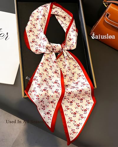Purse Scarf For Handbags Head Scarves For Women's Hair Bags Scarfs Long Skinny Scarves Fashion Silky - color: A36-small Red Flowers