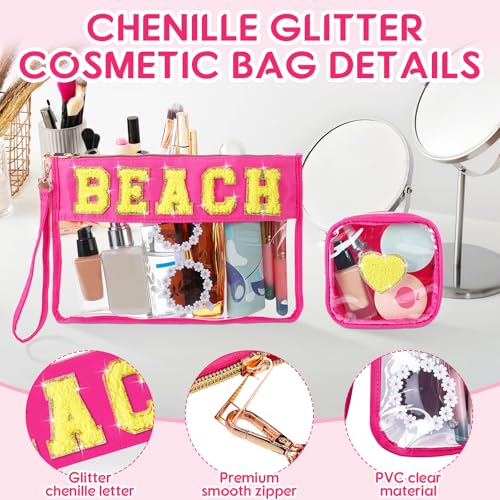 Hillban 2 Pcs Beach Makeup Bag Clear Cosmetic Toiletry Pouch Chenille Letter Patch Bags Preppy Summer Waterproof PVC Travel Purse Snack Portable Storage for Women - style: Beach Theme
