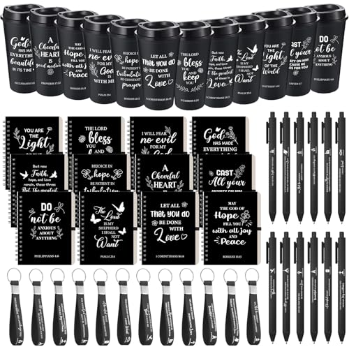 Skylety 12 Set/48 Pcs Christian Gifts for Men Religious Gift Set 16 oz Bible Scripture Cups with Lids Mini Spiral Notebooks Pens Keychains for Dad Husband Birthday (Black) - color: Black