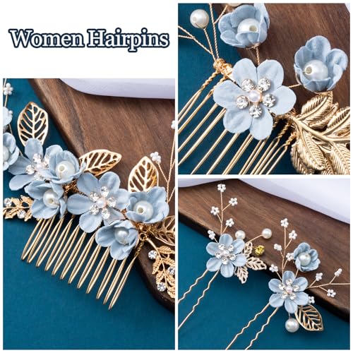 HINZIC 4pcs Camellia Flower Tassels Hairpin, Crystal Pearl Hair Comb, Blue | Non-Slip, 4 Styles, Alloy Made, Adorned with Rhinestones and Pearl, for Wedding, Brides, Parties, for Long Hair - color: Blue-4pcs