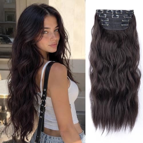 Clip in Synthetic Hair Extensions Long Wavy 4PCS Thick Hairpieces Dark Brown Fiber Double Weft Natural Hair Extensions 20 Inch for Women (4pcs, 20Inch, 6A#) - color: 6A-Dark Brown