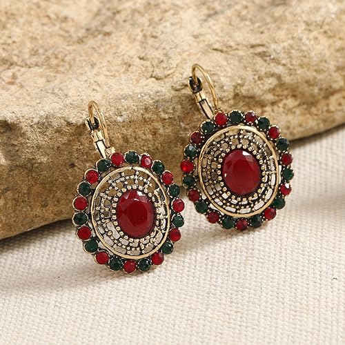 Unique Bohemian Vintage Sparkly Crystal Colorful Round Flower leverback earrings Boho Retro Bronze Circle Beaded Flower Floral Dangle Drop Earrings for Women - color: Red 9