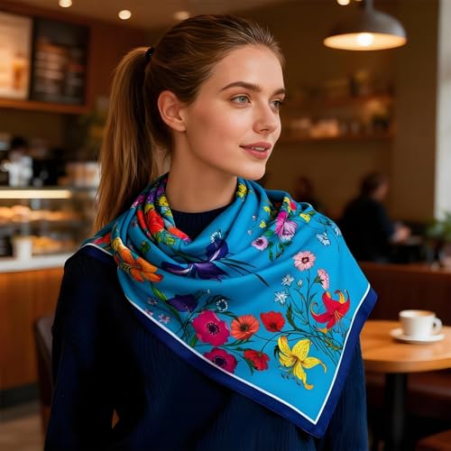 Premium Floral Scarf for Women 35x35 Square Silk Feel-Lightweight Scarves Headscarf Bandanas Wrapping Handbag - color: Blue Blossom