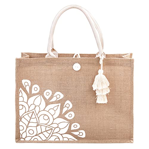 itgowisa Jute Beach Bag for Women, Burlap Beach Tote Bag with Tassel Pocket, Summer Gift for Vacation, Pool, Cruise & Grocery | Jute material - color: White Tassel
