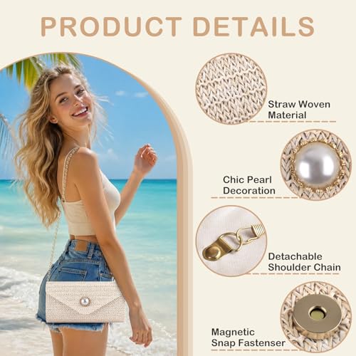 PACETAP Straw Clutch Purse for Women, Pearl Decoration Boho Crossbody Bags, Evening Clutch Purses Handbags for Wedding Party Cocktail Prom Dinner(Beige white) - color: Straw Beige White
