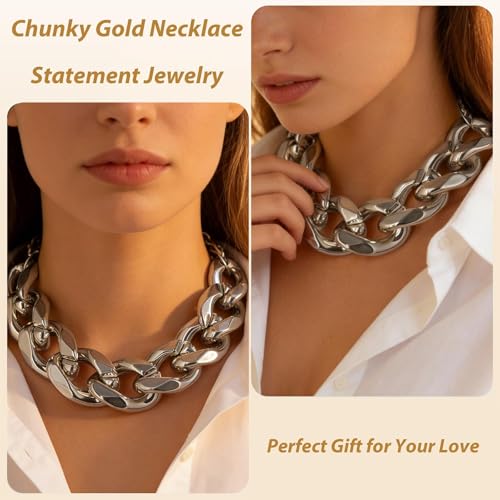 Long tiantian Chunky Gold Necklace Stack Chain Necklaces for Women Statement Layered Paperclip Choker Necklaces Statement Necklace for 80s 90s & Night Out Outfits Paperclip Style Fashion Jewelry - color: B1：Silver-Chain