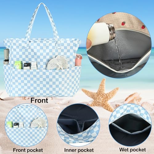 Bluboon Waterproof Beach Tote Pool Bags for Women Ladies Extra Large Carry On Bag With Wet Compartment for Weekender Travel - color: Blue White Checked