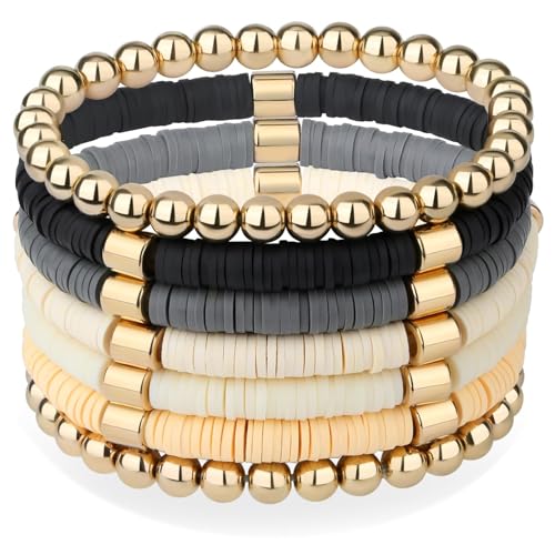 XIANNVXI 7pc Heishi Clay Bead Bracelets for Women Gold Plated Beaded Bohemian Stackable 6.8In Stretch Bracelets Elastic Layering Friendship Jewelry Boho Gift Set - color: Surfer