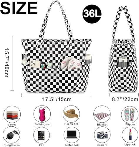 Bluboon Waterproof Beach Tote Pool Bags for Women Ladies Extra Large Carry On Bag With Wet Compartment for Weekender Travel - color: Checked Black White