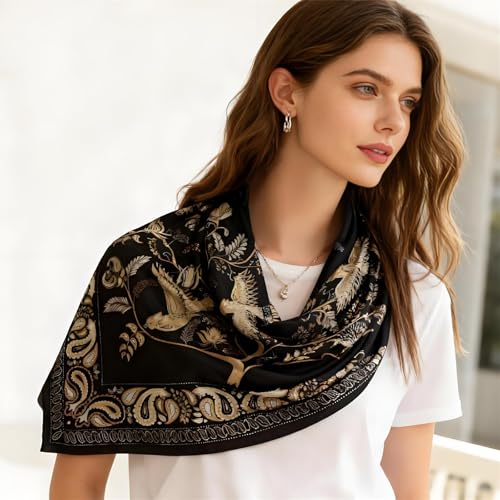 Premium Floral Scarf for Women 35x35 Square Silk Feel-Lightweight Scarves Headscarf Bandanas Wrapping Handbag - color: Black Golden