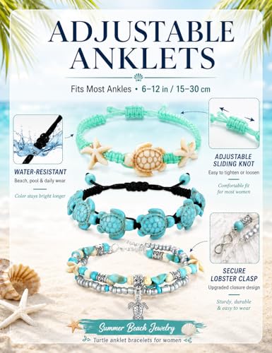 FASACCO 10 PCS Turtle Ankle Bracelets for Women Waterproof Handmade Starfish Sea Turtle Bracelet Adjustable Boho Summer Beach Bracelets for Women Men Bahamas Souvenirs