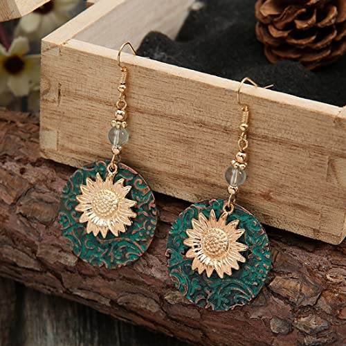 Boho Teardrop Earrings, Handmade Copper Bohemian Earrings, Dangle Antique Ethnic Jewelry for Women - color: Sunflower