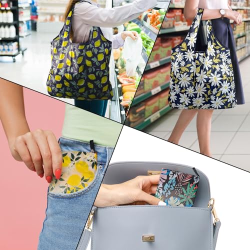 Reusable Grocery Bags, 4 Pack Foldable Shopping Tote Bags, Lightweight & Durable Eco Friendly Washable Totes for Groceries, Travel & Everyday Use - color: Lemon 4 Pack