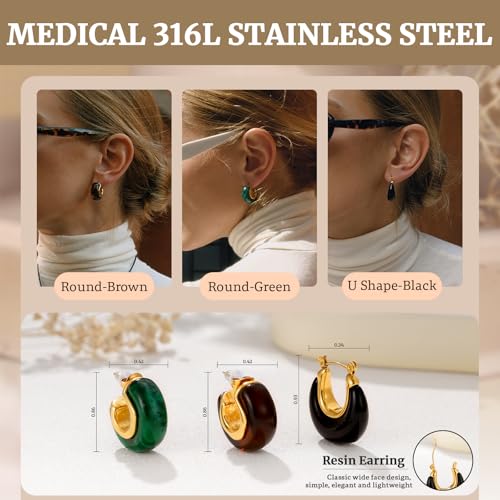 Fullpop Vintage Earrings for Women, Chunky 14K Gold Plated Resin Hoop Earrings Lightweight Hollow Drop Earrings Hypoallergenic Earrings for Women Vintage Anthropologie Jewelry Gifts for Women - size: Round-Black