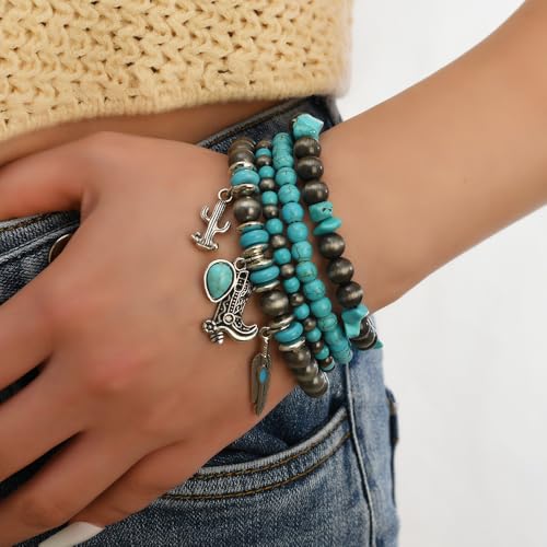 Western Outfit for Women Bohemian Vintage Stackable Turquoise Bracelet Rustic Beaded Cow Head Charm Stretch Bracelet Western Jewelry Country Concert Outfits for Women - style: Style4
