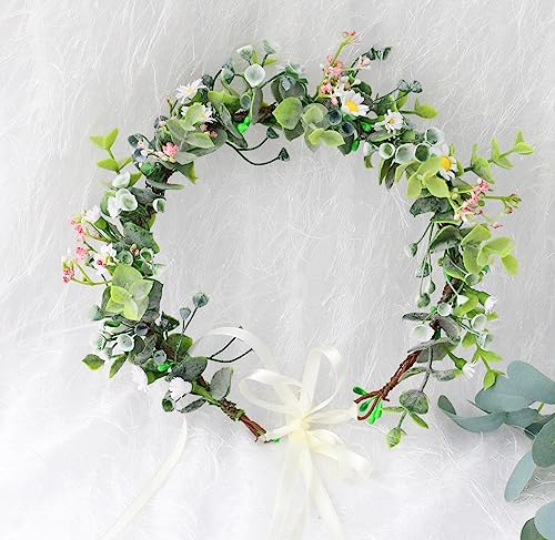 Vivivalue Floral Crown Flower Garland Headband Hair Wreath Floral Headpiece Halo Boho with Ribbon Wedding Party Festival Photos - color: Z