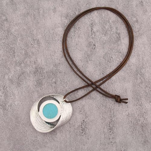 Kelake Leather Necklace for Women Men Teen Vinatge Boho Alloy Pendant Choker Jewelry Fashion Sweater Necklaces with Adjustable Genuine Leather Chain - color: Blue Turquoise Silver Swirl Pendant