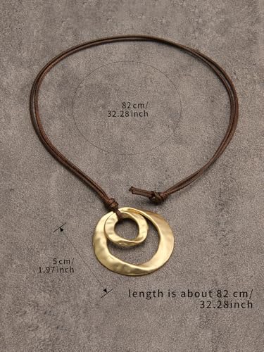 GelConnie Leather Necklace for Women Round Wooden Pendant Long Leather Choker Vintage Sweater Necklace Gold Chunky Boho Necklaces for Women - style: 2 Circles Gold Necklace