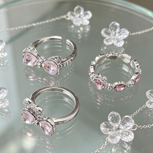 Bow Ring Set for Women Silver Stacking Adjustable Pink Heart Bow Rings Stacking Boho Statement Wedding Engagement Ring Anniversary Birthday Gifts - color: A