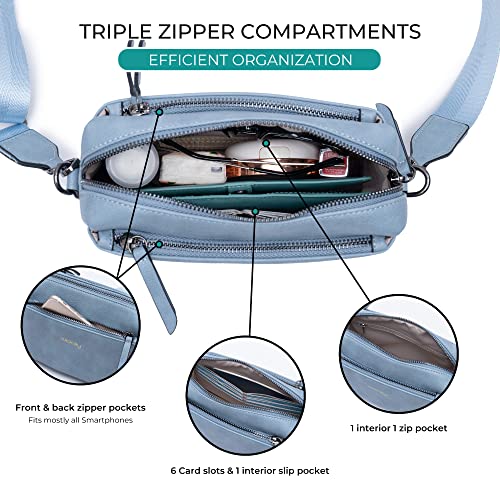 Alldaily Small Triple Zip Crossbody Purse for Women, Vegan Leather Phone Bag with Wide Shoulder Strap - color: Blue