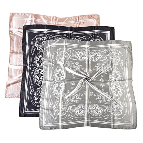 35 x 35 Women's Fashion Pattern Large Square Silk Like Hair Scarf Head Sleeping Wrap Satin Neck Bandana for Gift… - color: Green Black Pink - Retro - 3pcs