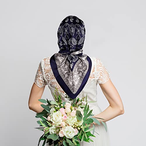 NZKNP Silk-Like Head Scarf - Women's Bandana Wraps - color: 24-navy and White, size: 35"*35"